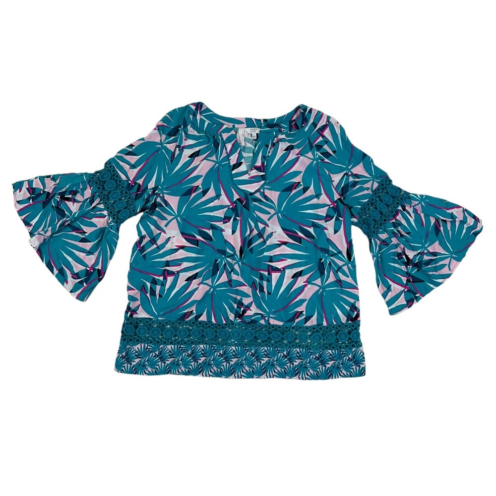Crown & Ivy Teal Floral Bell Flare Sleeve Blouse Embroidered Eyelit V-Neck Sz M